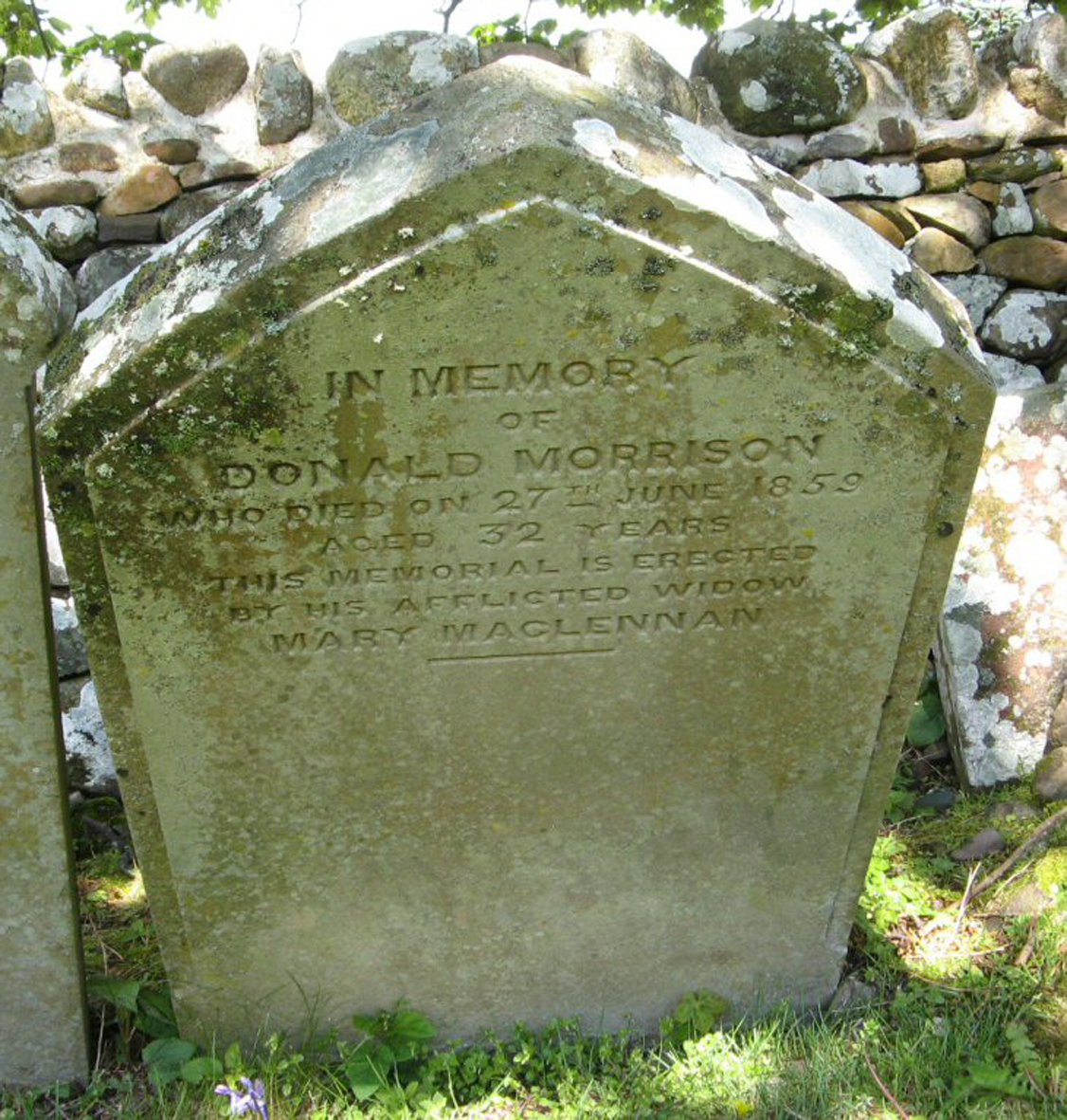 Photo of headstones/Donald Morrison died 1859 MI Poolewe